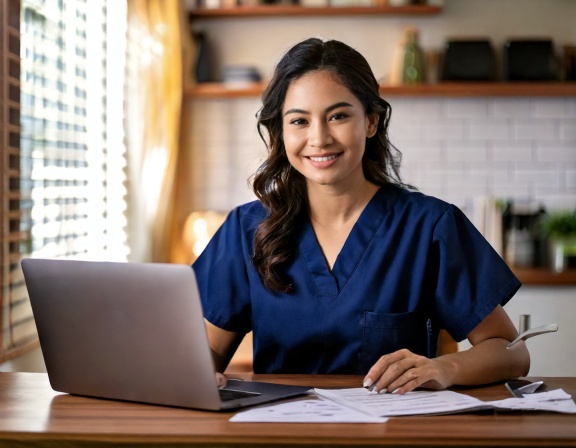 NHS nurse reviewing mortgage documents at home